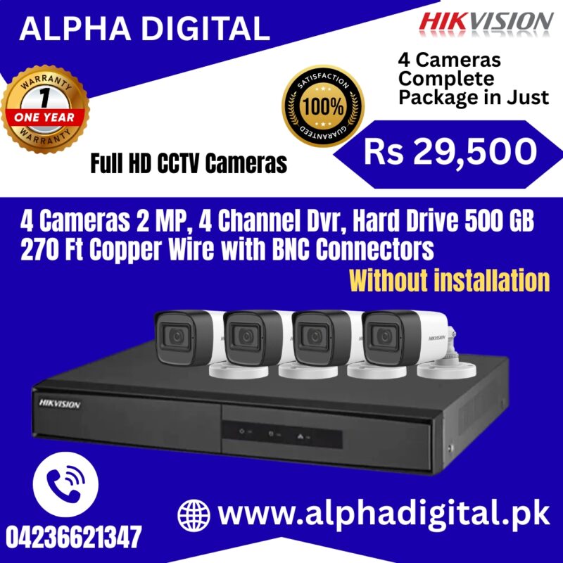 Buy Hikvision 2MP 4 Camera CCTV Kit with DVR – Complete Security System Secure your home, office, or business with the Hikvision 4 Cameras 2MP + 4 Channel DVR Package, a complete and reliable surveillance solution designed to deliver round-the-clock protection, crystal-clear image quality, and effortless monitoring. This all-in-one CCTV package combines advanced technology, durable hardware, and easy installation — making it an ideal choice for both residential and commercial security needs.